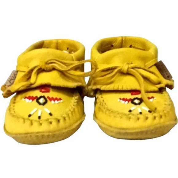 Laurentian Chief Fringed Moose Hide Leather Earthing Moccasins Tan Beaded Size 5 - Picture 5 of 11